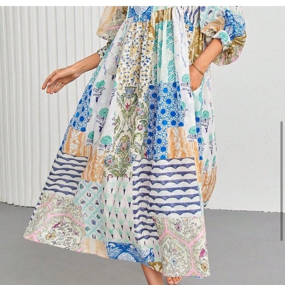 BLUE BOHO WOMEN’S LANTERN SLEEVE V NECK TIE POCKETS PATCHWORK PRINT MAXI DRESS - Picture 4 of 6